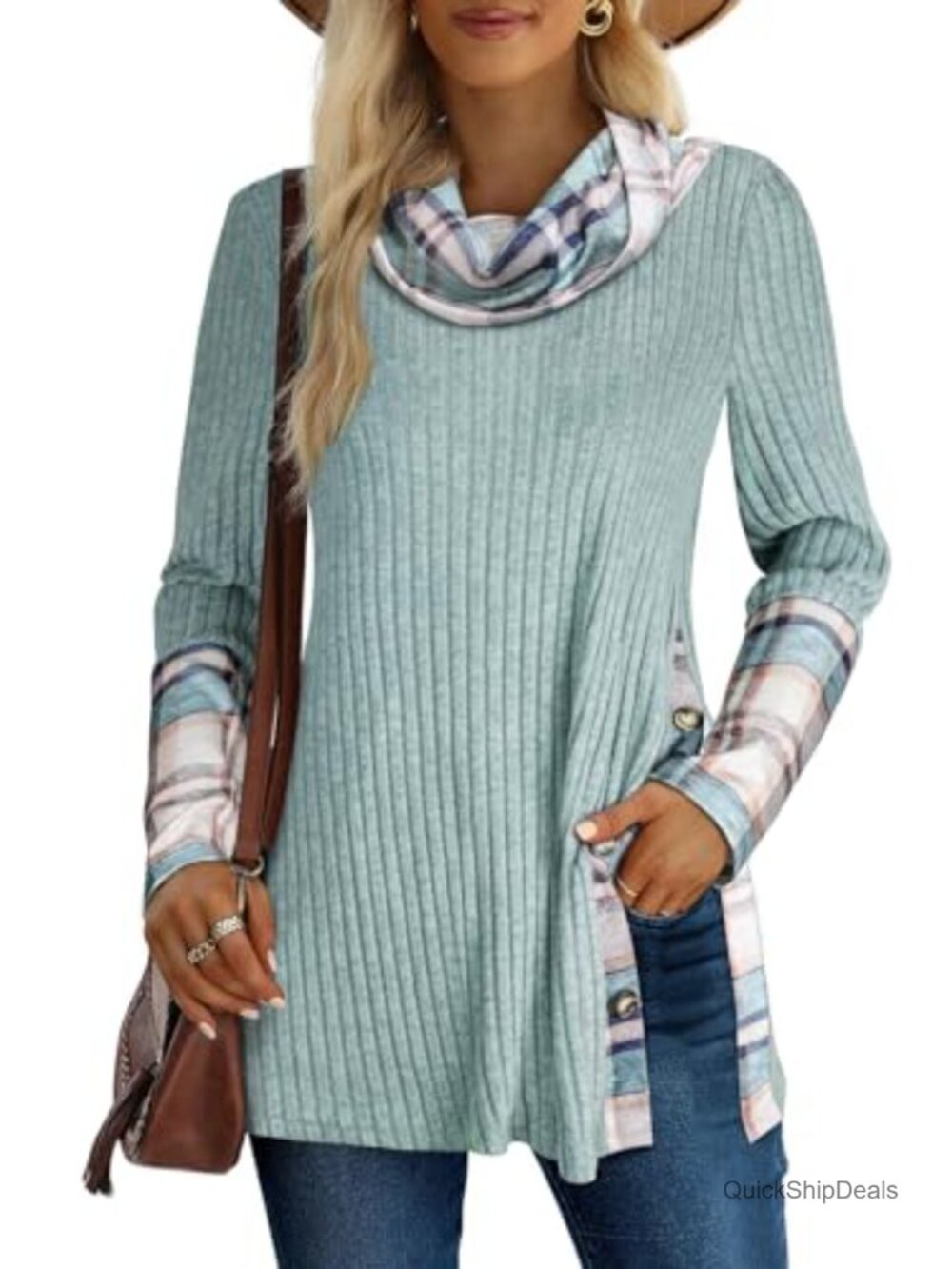 Miusey Cowl Neck Tunic Sweater Long Sleeve Pullover Side Slit